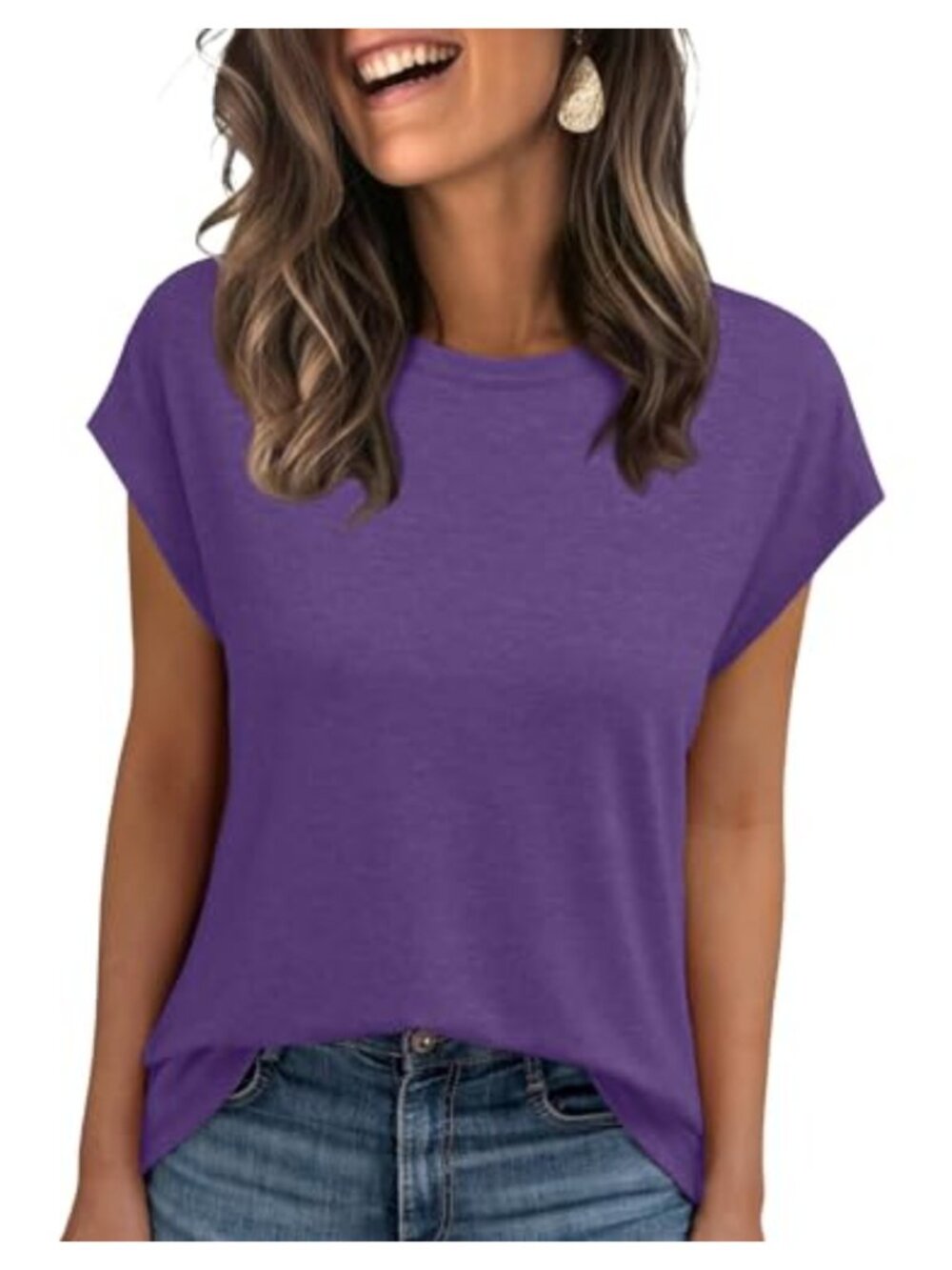 Womens Cap Sleeve T Shirt Soft Lightweight Crew Neck Loose Fit Tunic Blouse